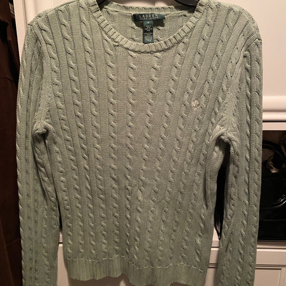 Lauren Ralph Lauren Sweater Womens Medium Green Cable Knit Holiday Preppy